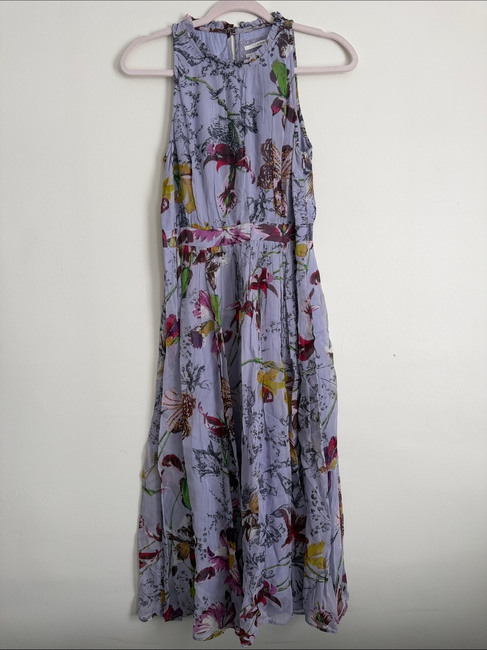 Anthropologie Lavender Floral Ruffle-Trim Dress